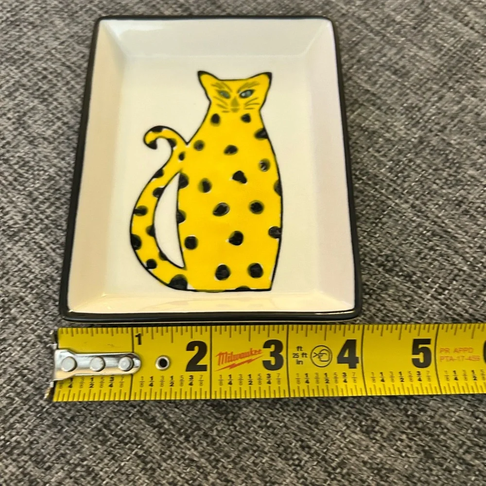 West Elm Fairy Tale Yellow Ceramic Cat Tray with Black Spot Accents